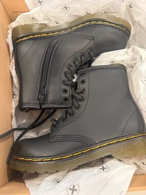 Dr. Martens Kids Black Leather Lace-Up Zip Boots with Yellow Stitching